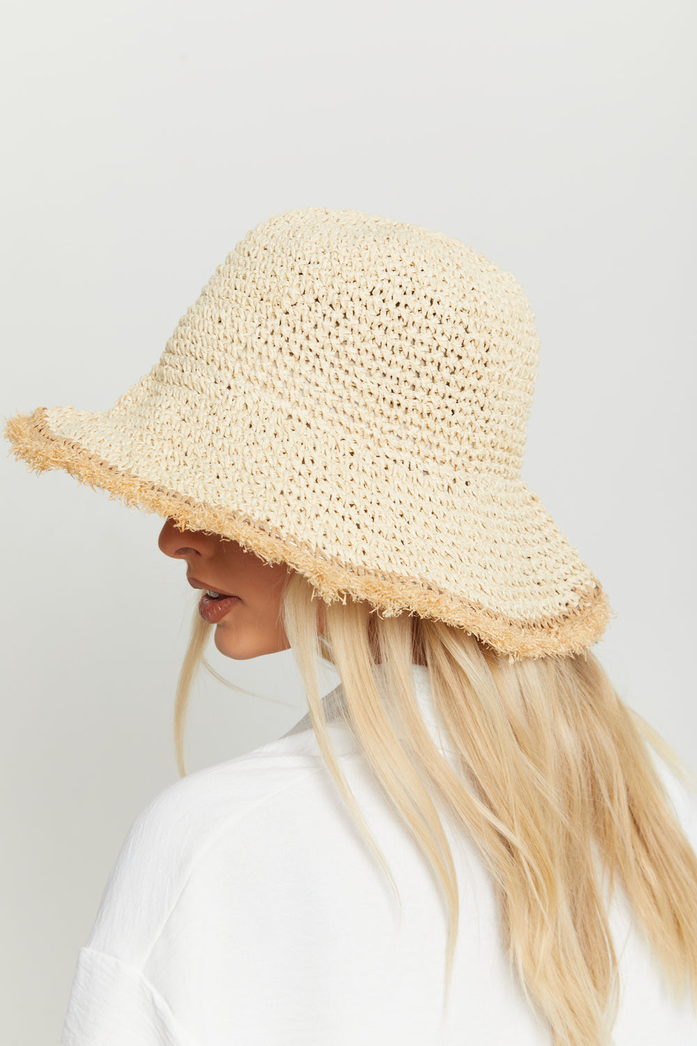 Madein frayed edge straw bucket  hat