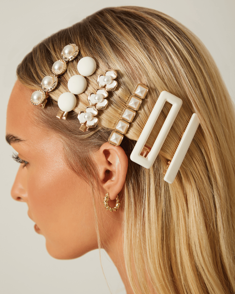 Multi-Embellished Ivory and Gold Tone Hair Clips - Stylish Set