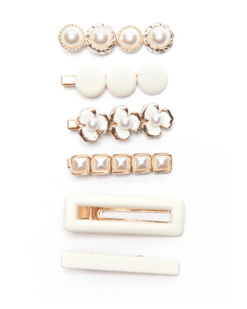 Multi-Embellished Ivory and Gold Tone Hair Clips - Stylish Set