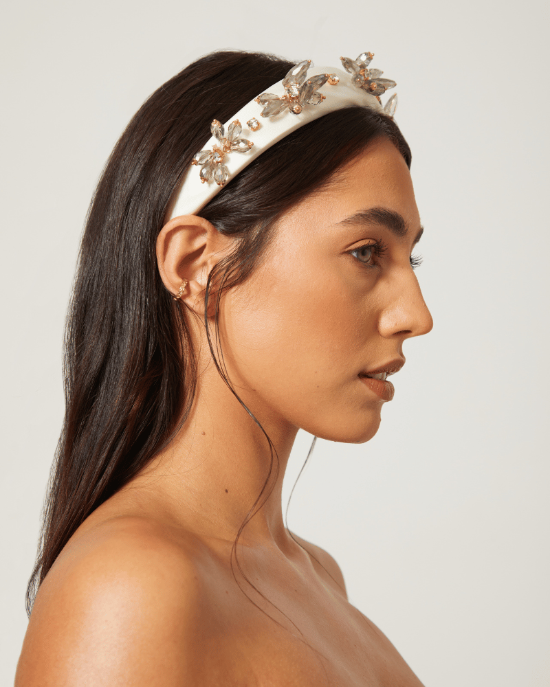 Ornate Floral Embellished Ivory Satin Headband