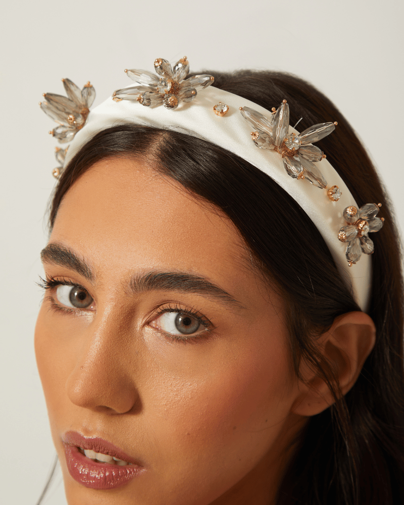 Ornate Floral Embellished Ivory Satin Headband